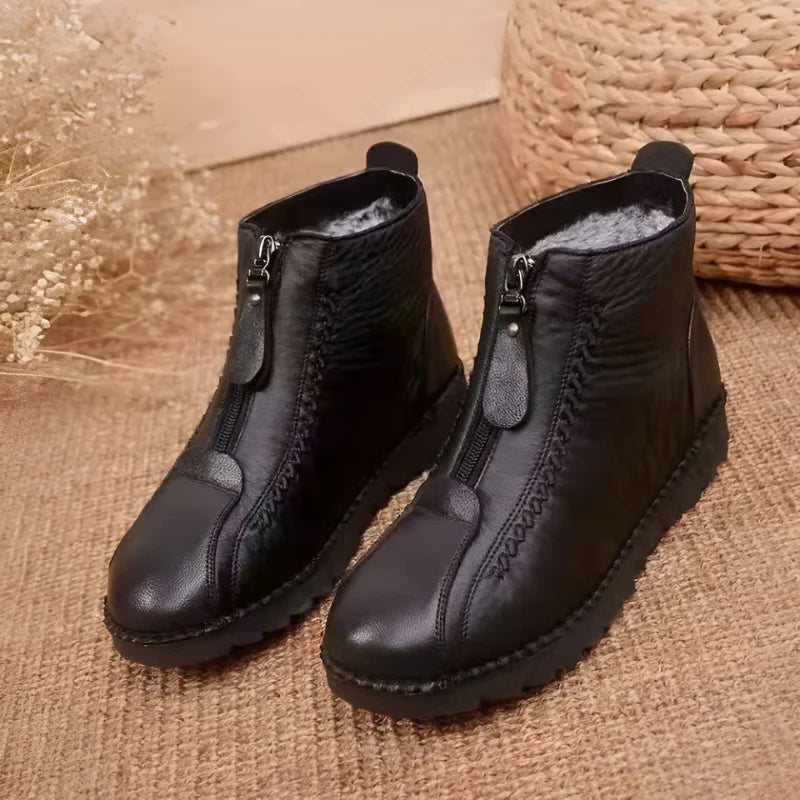 Women's flat leather-look ankle boots with zip and wide toe box