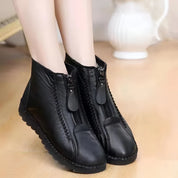 Women's flat leather-look ankle boots with zip and wide toe box in black