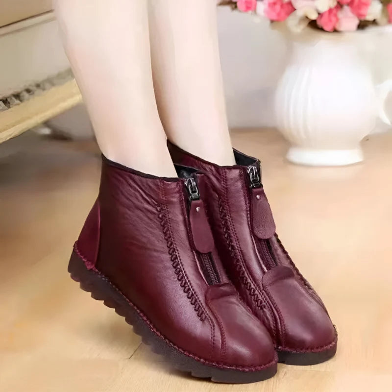 Women's flat leather-look ankle boots with zip and wide toe box in burgundy