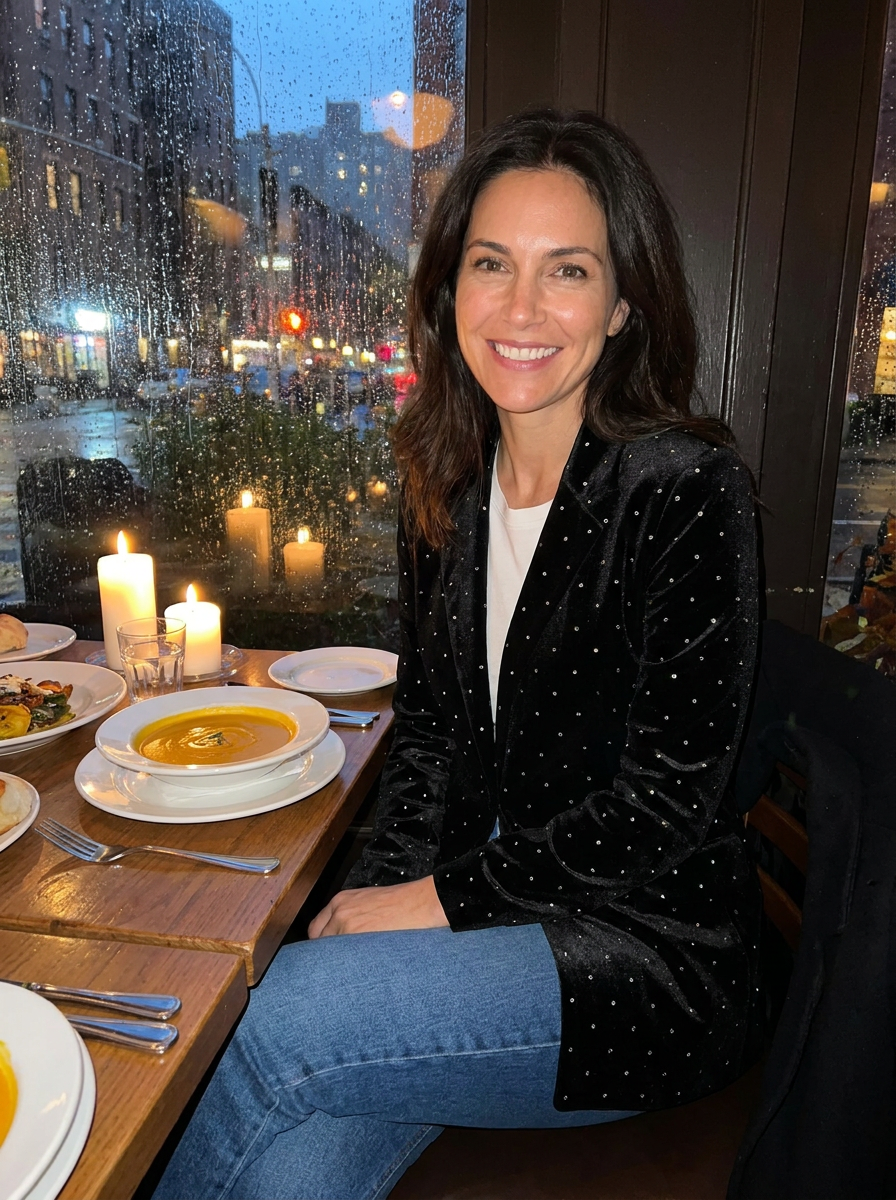 Vrouw aan tafel in een restaurant bij kaarslicht, in de zwarte fluwelen damesblazer met strassdetails over een wit shirt en jeans