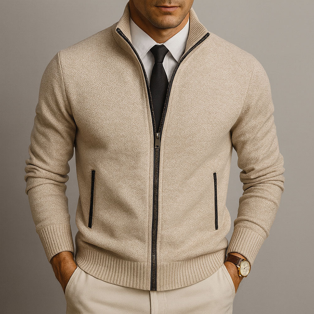 Men's textured merino blend full zip sweater in beige