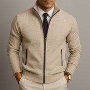 Men's textured merino blend full zip sweater in beige