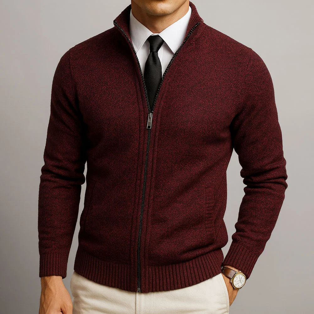 Men's textured merino blend full zip sweater in burgundy