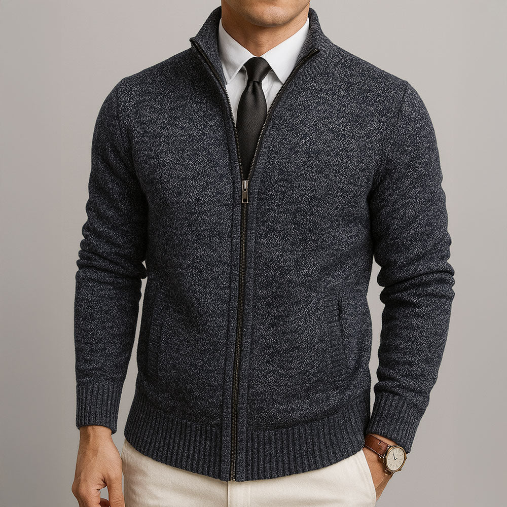 Men's textured merino blend full zip sweater in grey