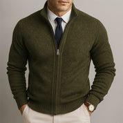 Men's textured merino blend full zip sweater in olive