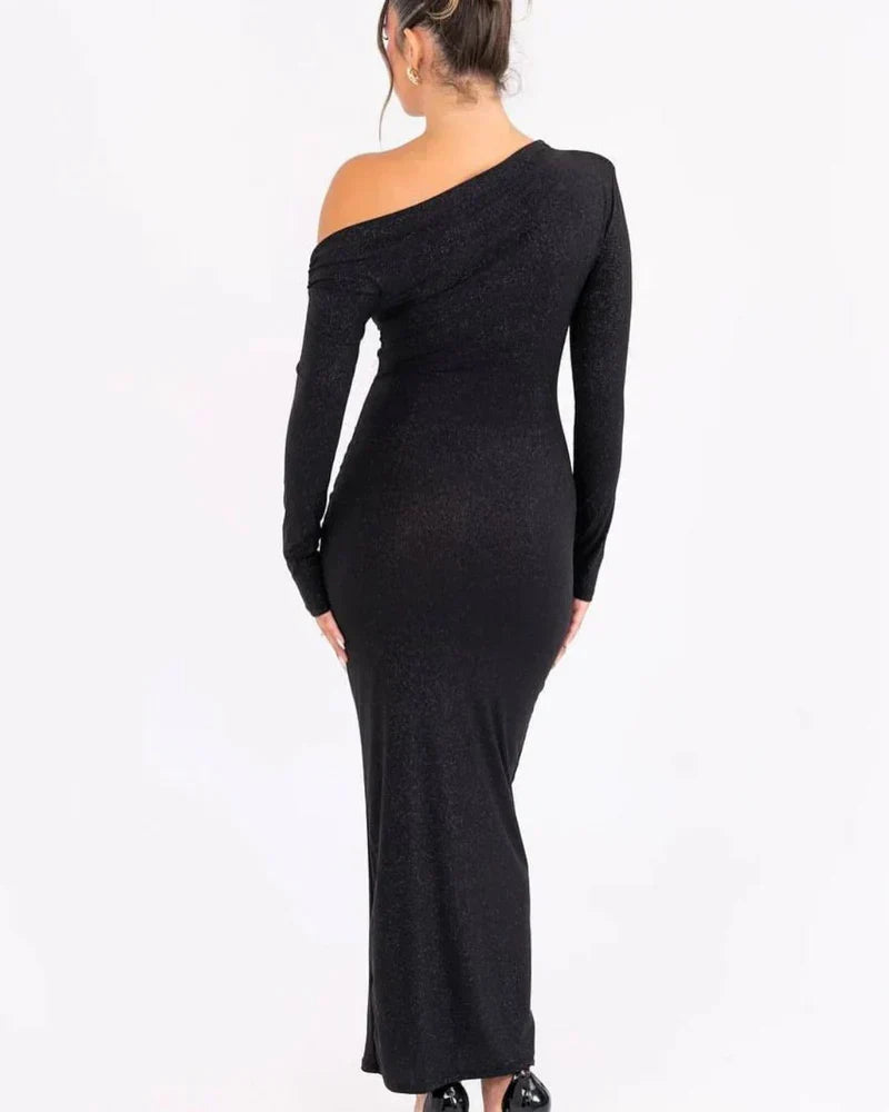 Women's glitter maxi dress with off-shoulder neckline