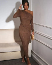 Women's glitter maxi dress with off-shoulder neckline