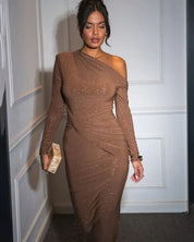 Women's glitter maxi dress with off-shoulder neckline