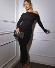 Glitter maxi dress for women with off-shoulder neckline