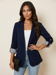 Women's Blazer – Dark Blue Blazer with Rolled-Up Sleeves