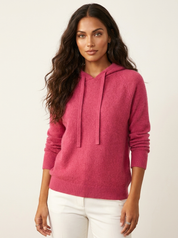 A pink women's knitted hoodie with a drawstring hood, mélange texture and long sleeves
