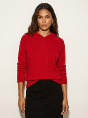 A women's knitted hoodie with a drawstring hood, red jersey texture and long sleeves