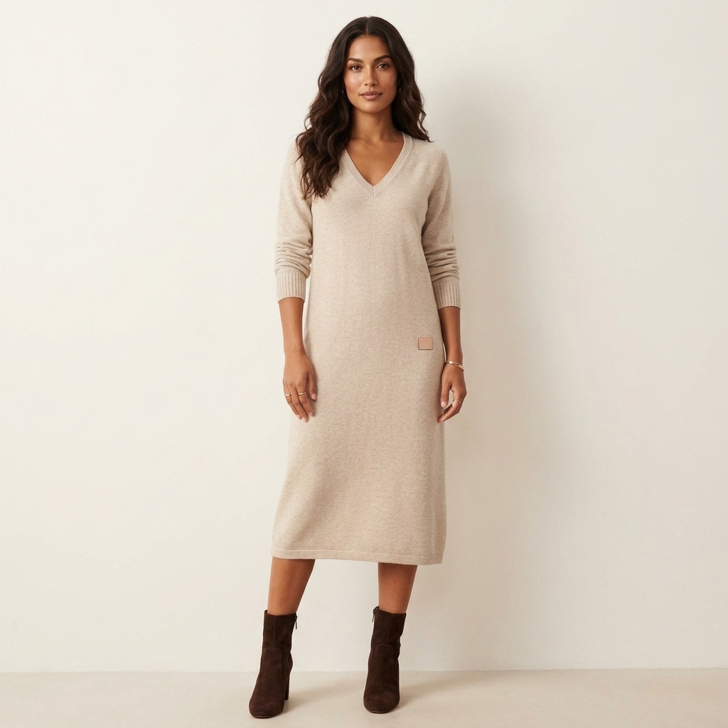 Gebreide jurk dames midi met V-hals en lange mouwen