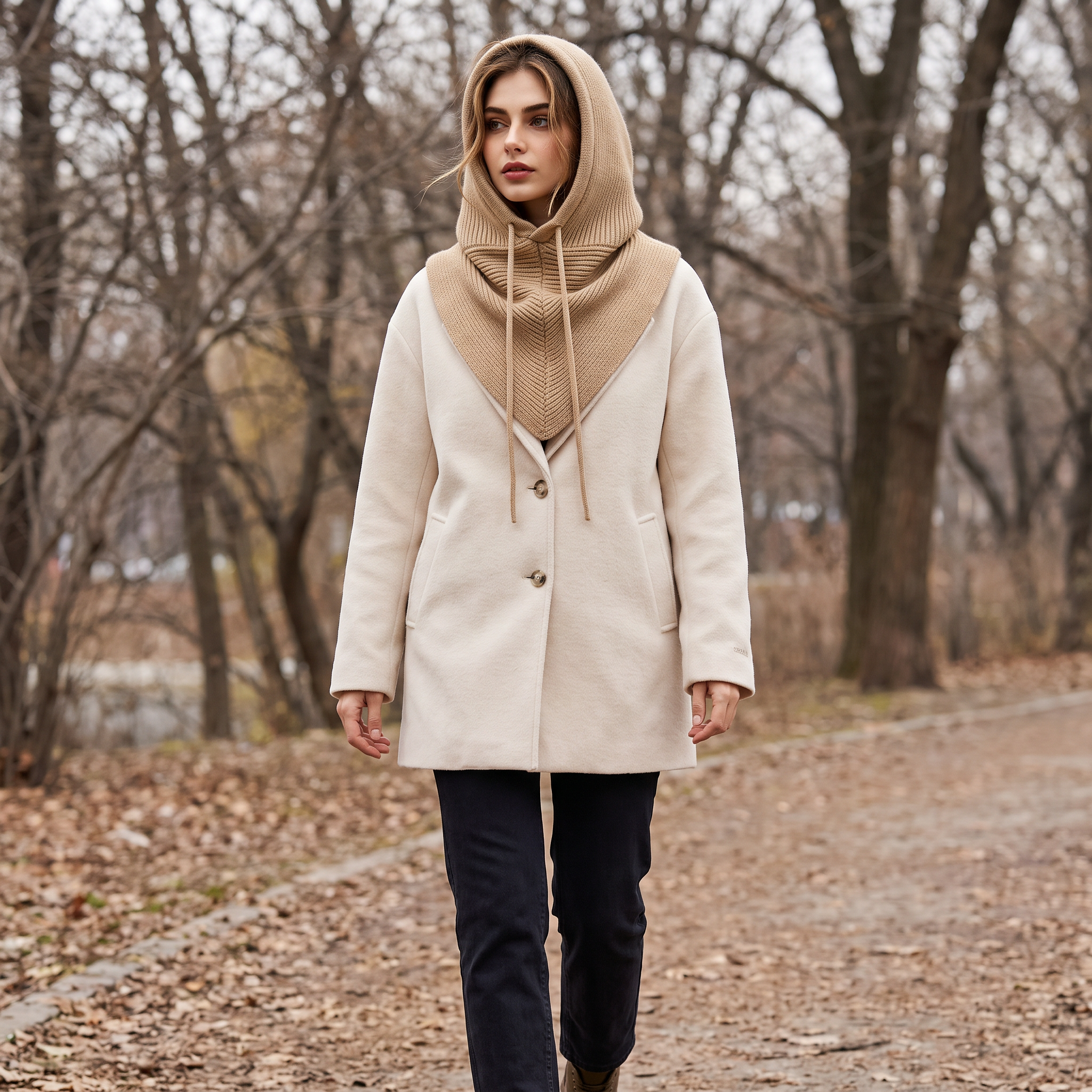 A camel knitted hooded scarf, worn by a model