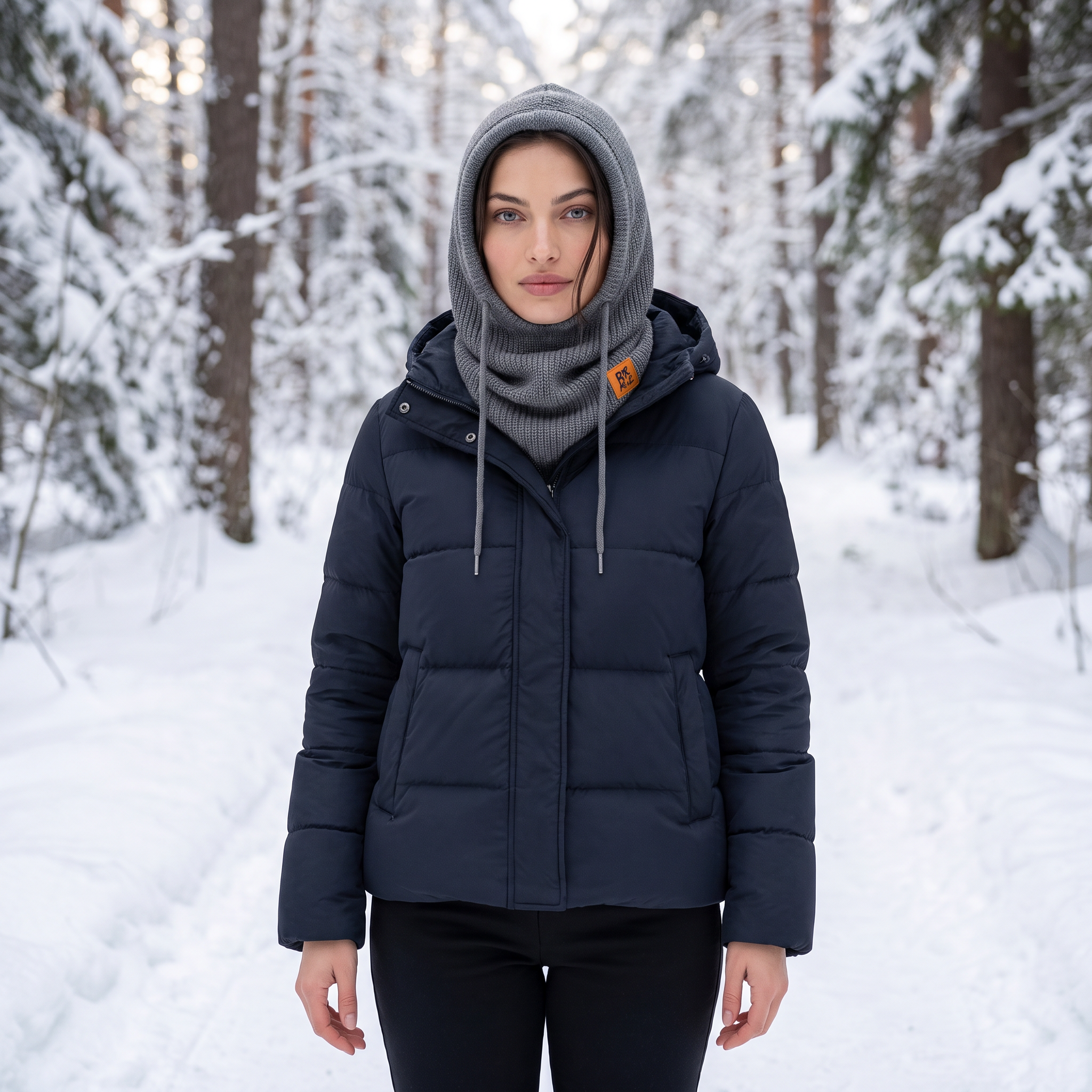 A knitted hooded hat, worn in the snow