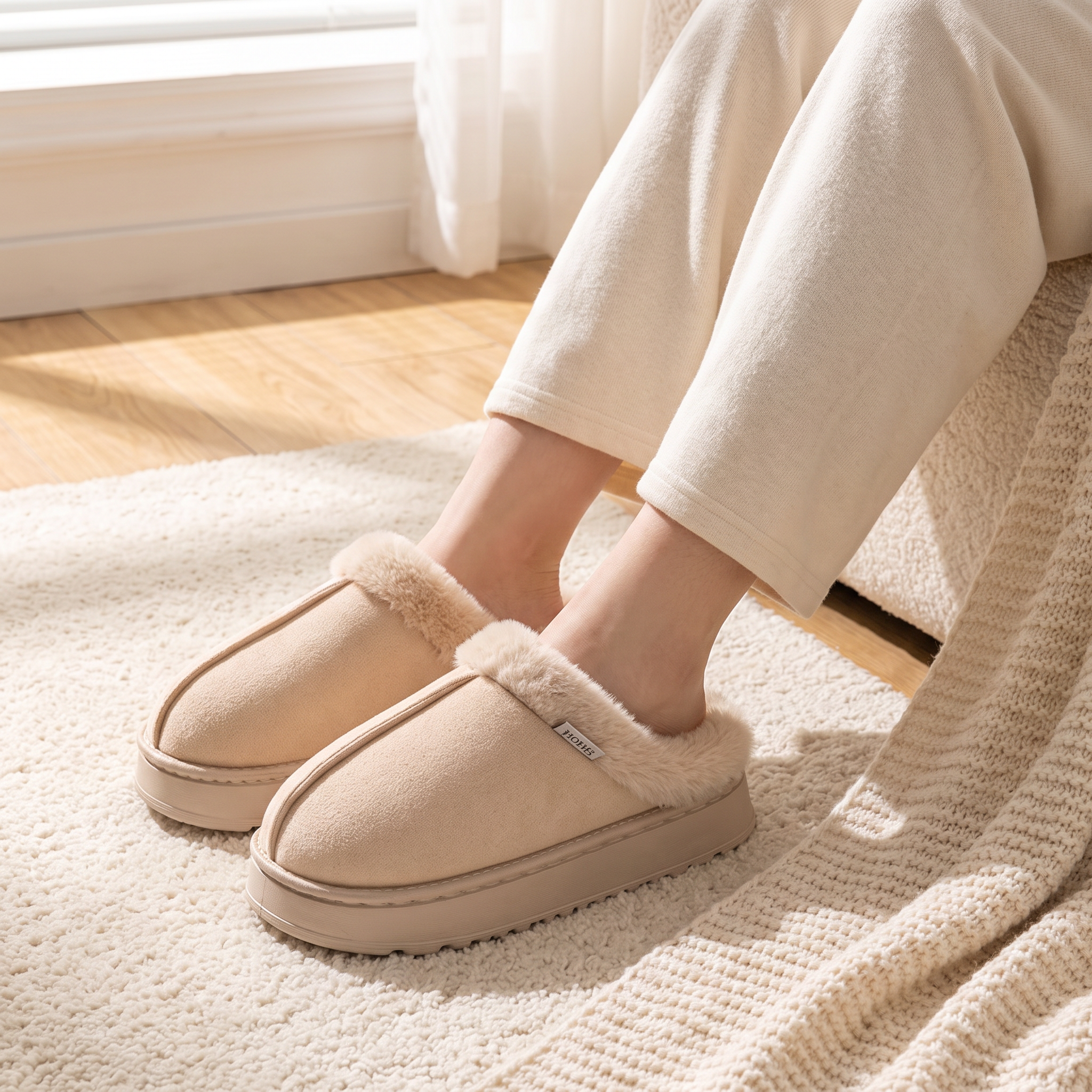 Warm beige women's slippers, worn at home