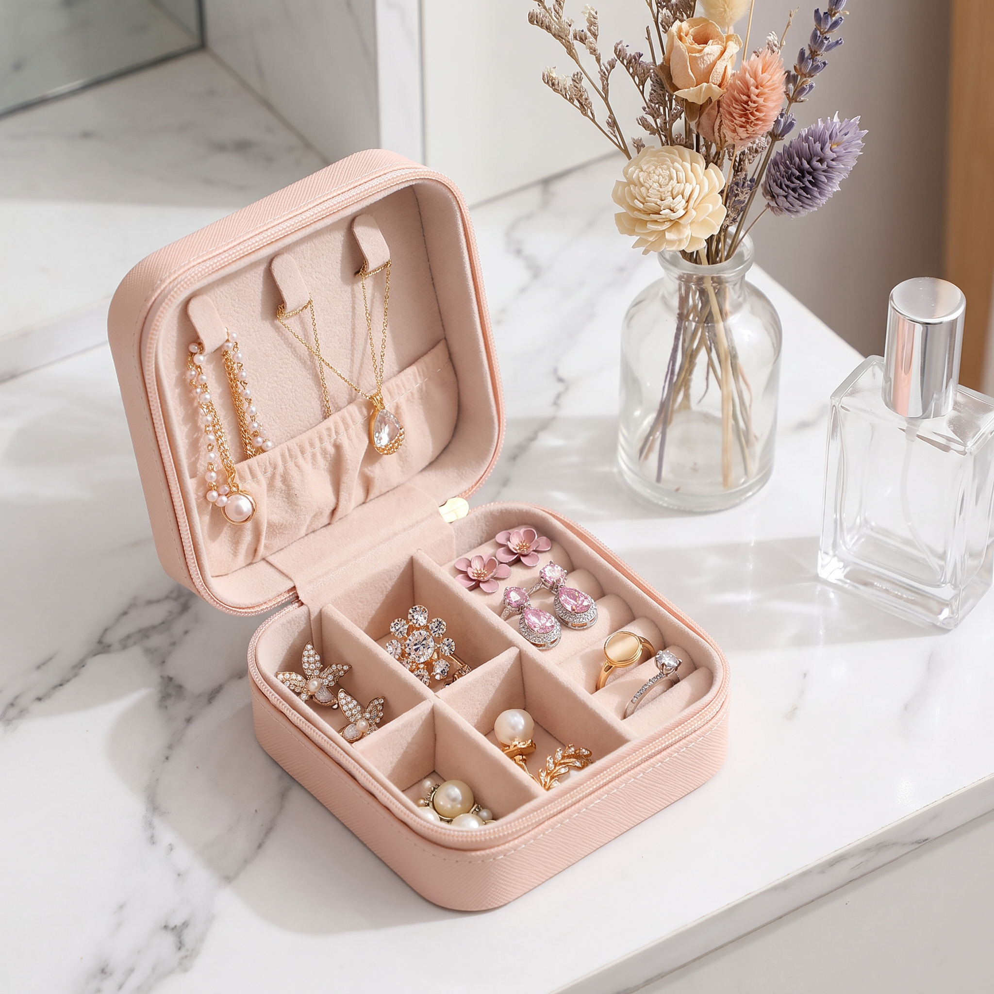 A pink jewellery box on a dressing table