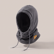 A grey knitted hooded hat