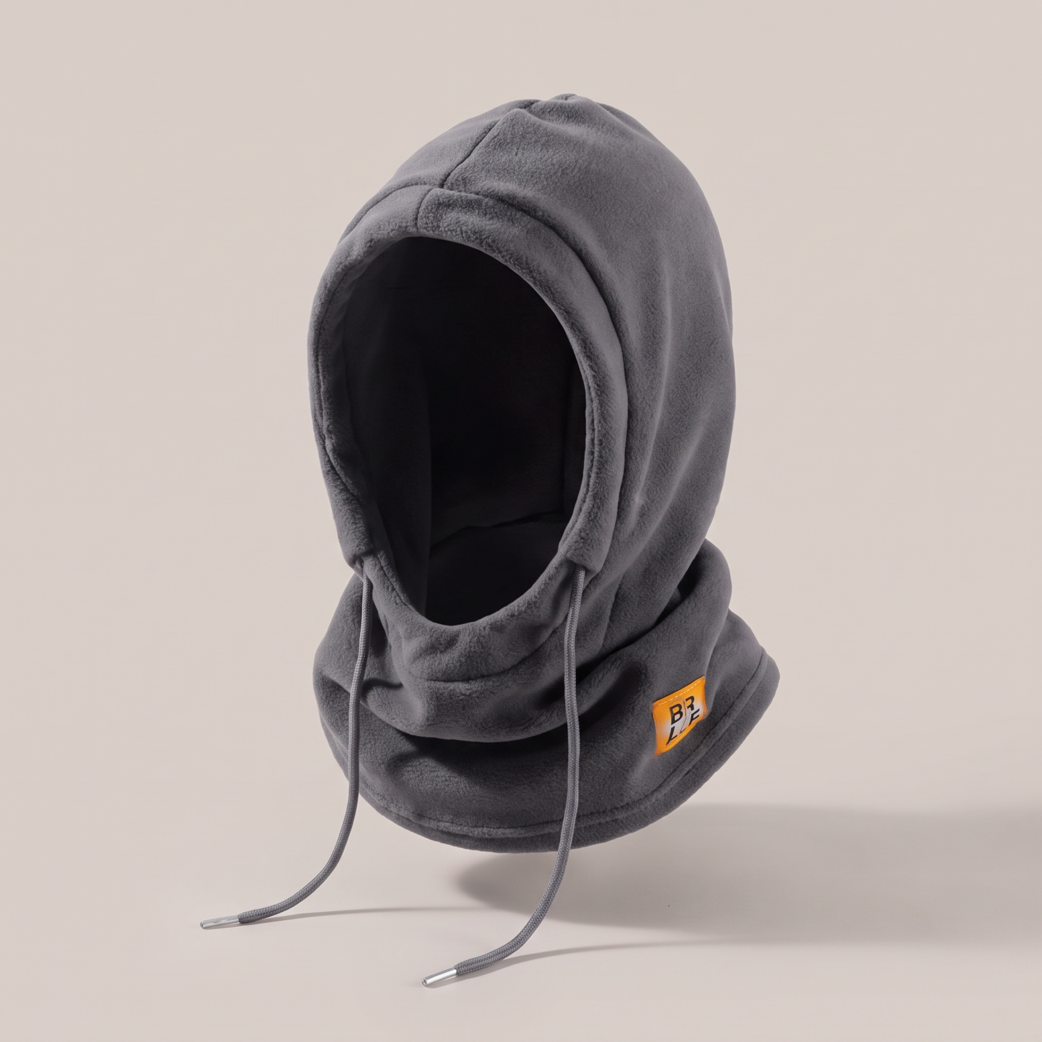A grey knitted hooded hat