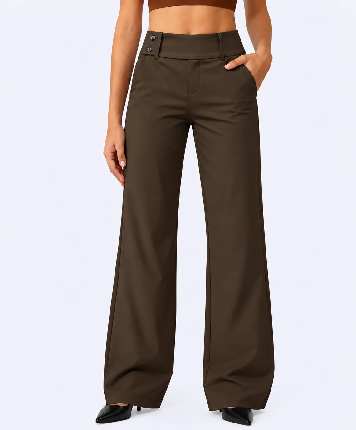 Women's high waist stretch trousers with straight leg and pockets in brown