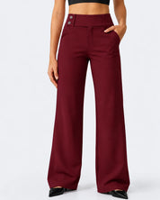 Women's high waist stretch trousers with straight leg and pockets in burgundy