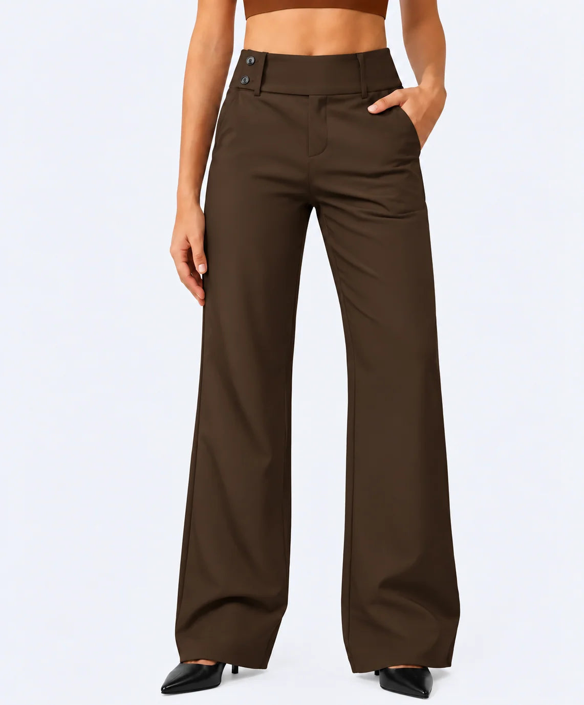 Women's high waist stretch trousers with straight leg and pockets in camel