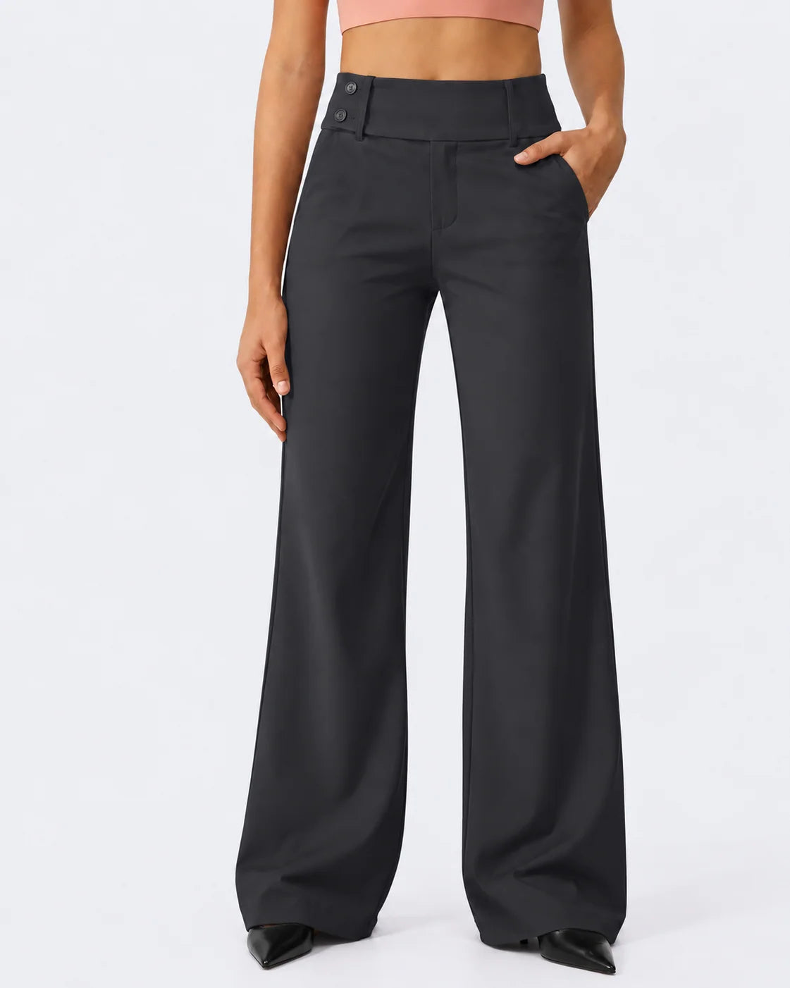 Women's high waist stretch trousers with straight leg and pockets in dark grey