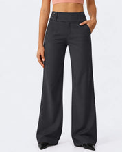 Women's high waist stretch trousers with straight leg and pockets in dark grey