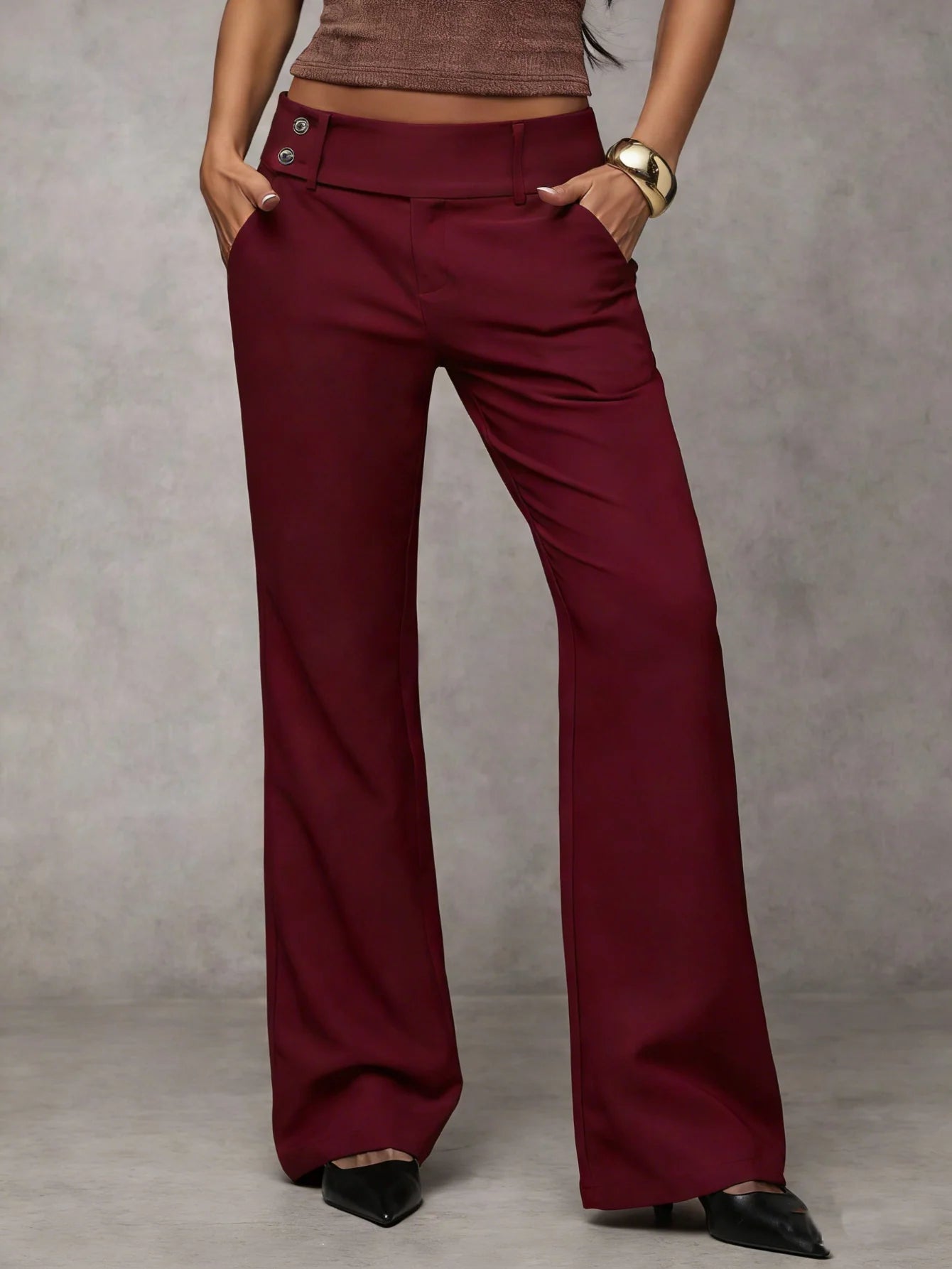 Women's high waist trousers with loose straight leg in burgundy