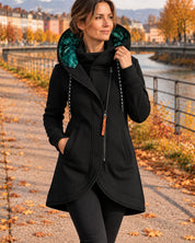 Women's hooded insulated coat with asymmetric zip in black