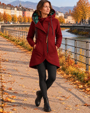Women's hooded insulated coat with asymmetric zip in burgundy