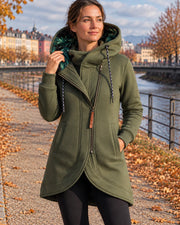 Hooded insulated coat for women with asymmetric zip