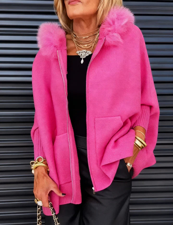 Women's hooded poncho cardigan with fluffy trim in fuchsia