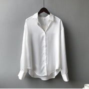 Satijnlook blouse dames met contrastbies en lange mouwen