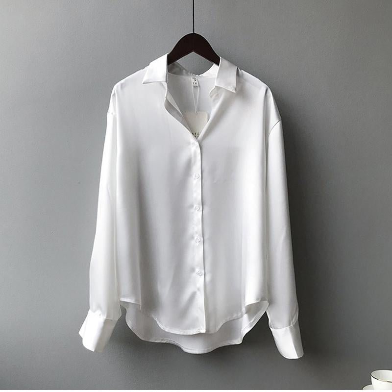 Satijnlook blouse dames met contrastbies en lange mouwen