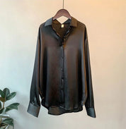 Satijnlook blouse dames met contrastbies en lange mouwen