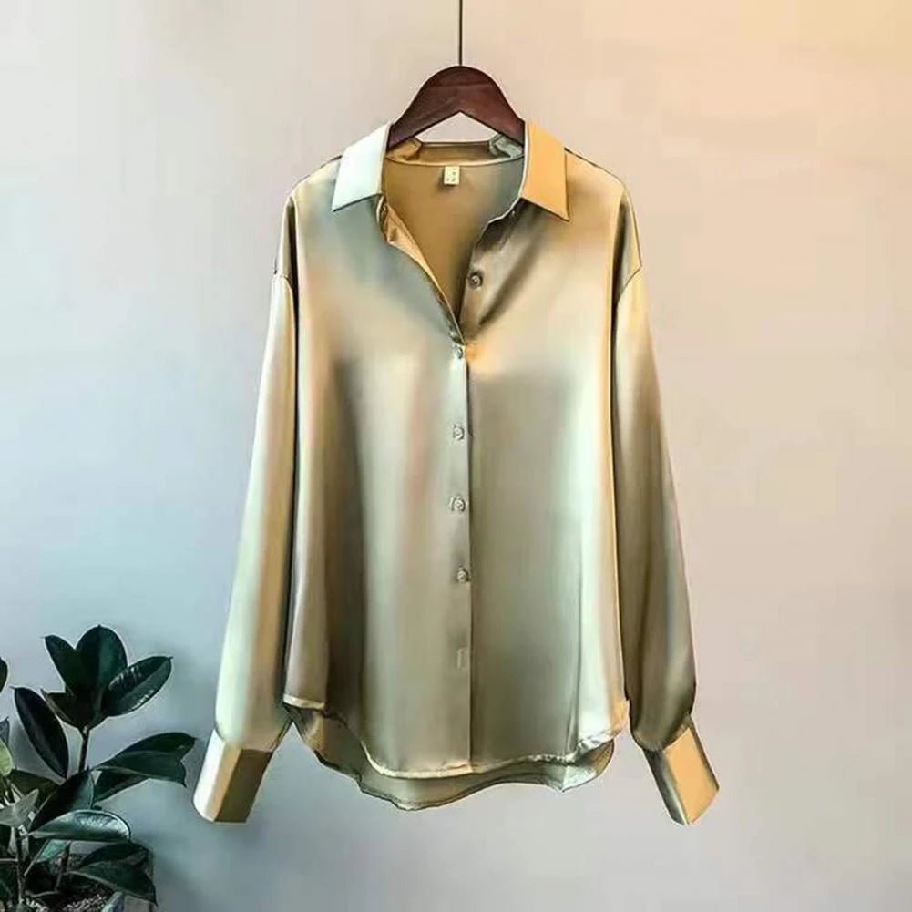Satijnlook blouse dames met contrastbies en lange mouwen