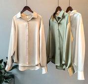 Satijnlook blouse dames met contrastbies en lange mouwen