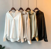 Satijnlook blouse dames met contrastbies en lange mouwen