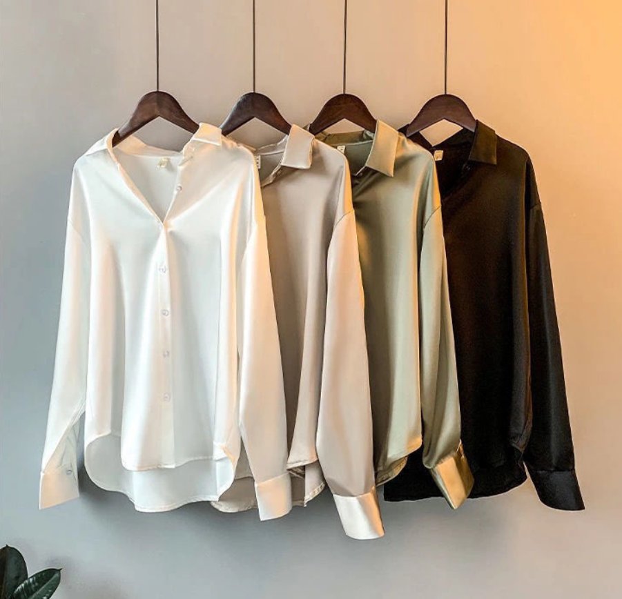 Satijnlook blouse dames met contrastbies en lange mouwen