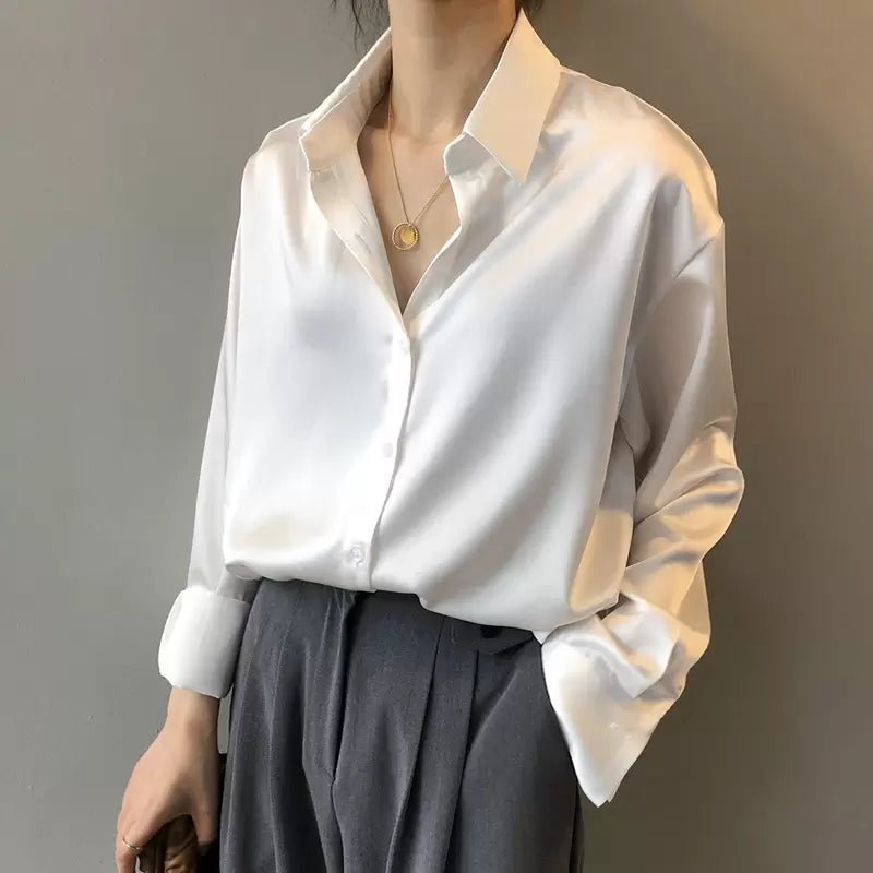 Satijnlook blouse dames met contrastbies en lange mouwen