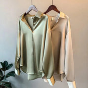 Satijnlook blouse dames met contrastbies en lange mouwen