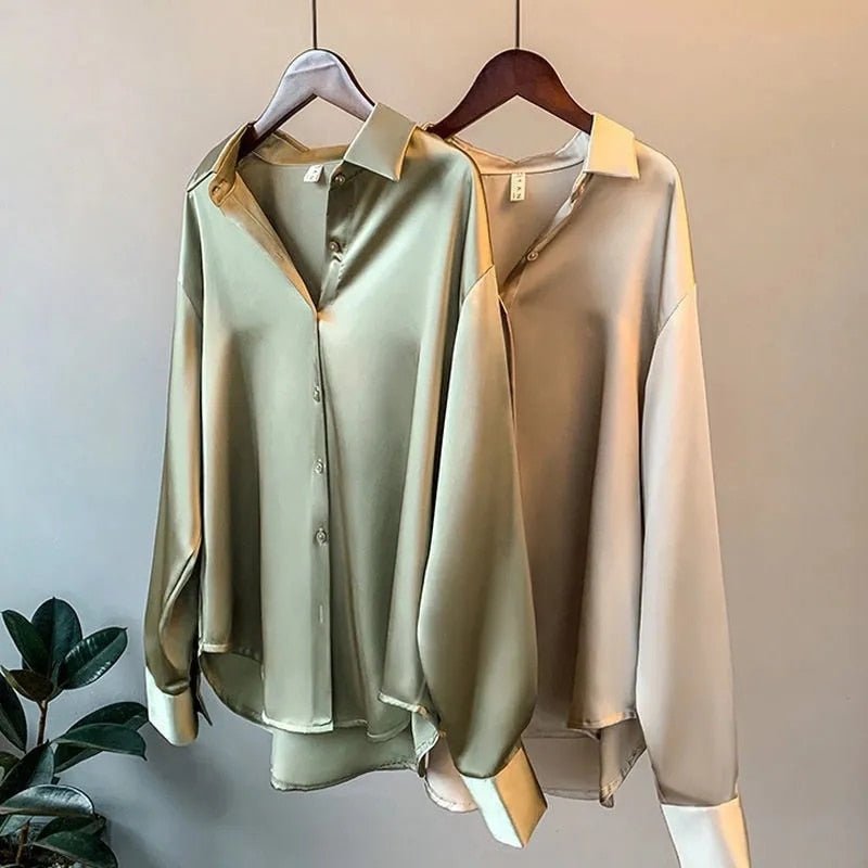 Satijnlook blouse dames met contrastbies en lange mouwen