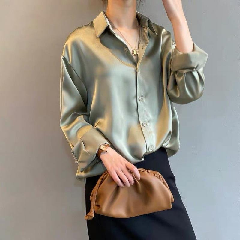 Satijnlook blouse dames met contrastbies en lange mouwen