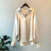 Satijnlook blouse dames met contrastbies en lange mouwen