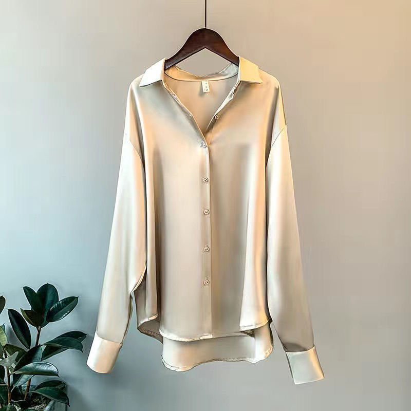 Satijnlook blouse dames met contrastbies en lange mouwen