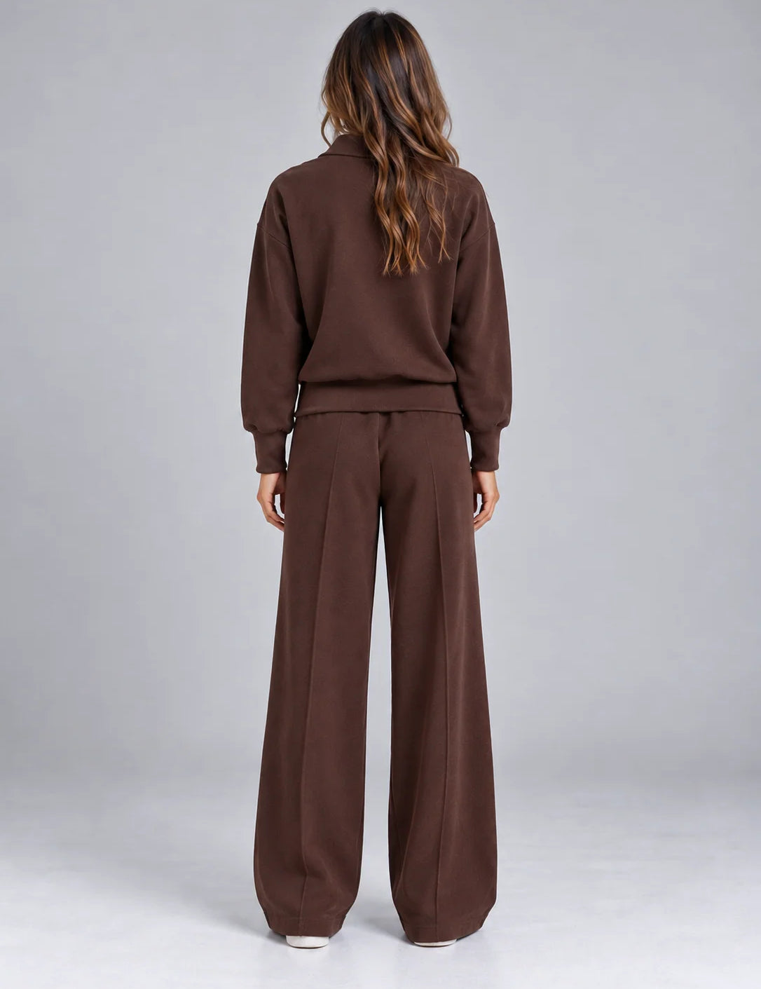 Women's knit co-ord set with half zip jumper and wide leg trousers