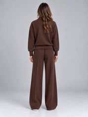 Women's knit co-ord set with half zip jumper and wide leg trousers