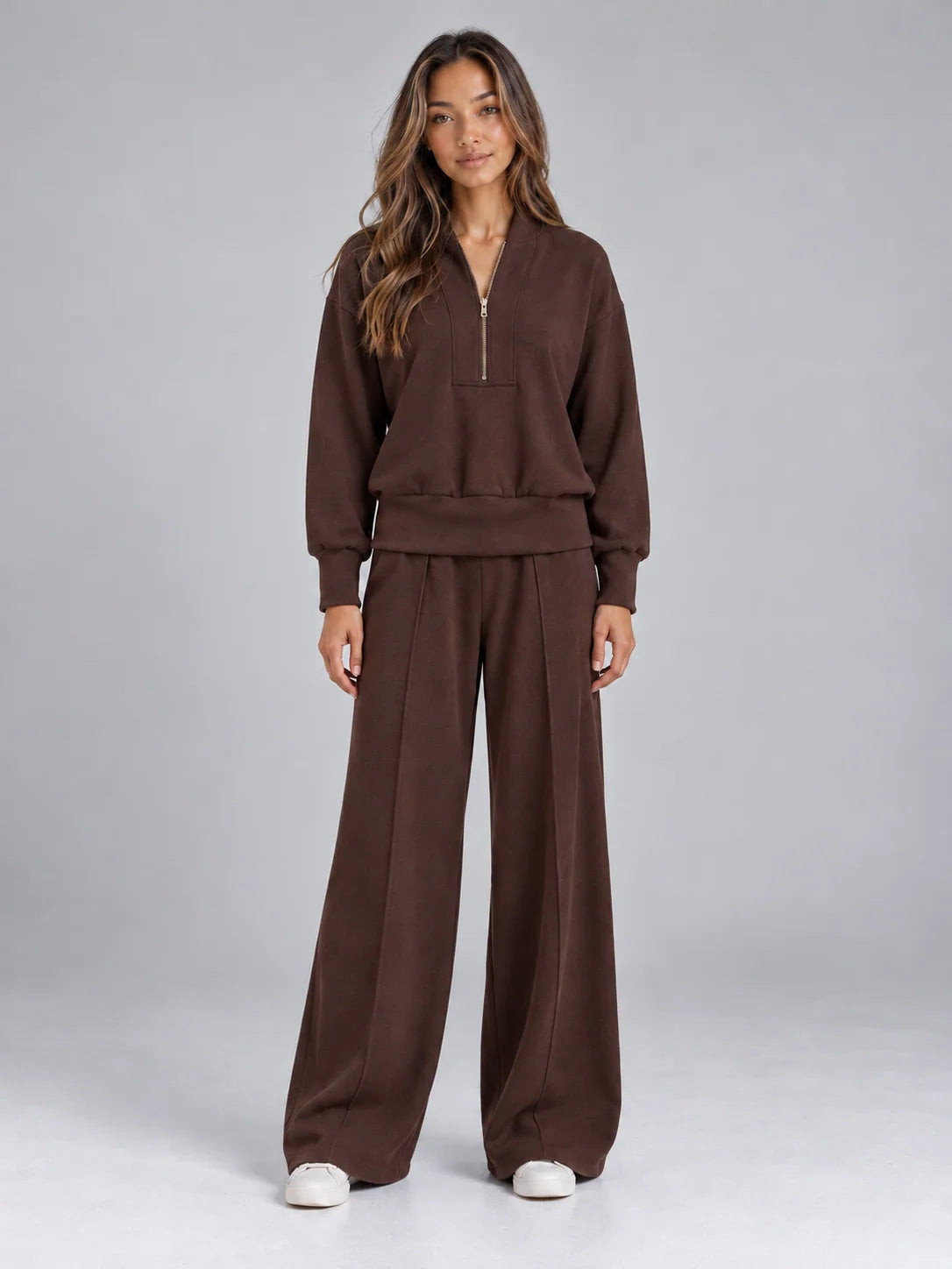 Women's knit co-ord set with half zip jumper and wide leg trousers in brown