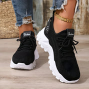 Women's knit trainers with chunky sole and wide toe box in black